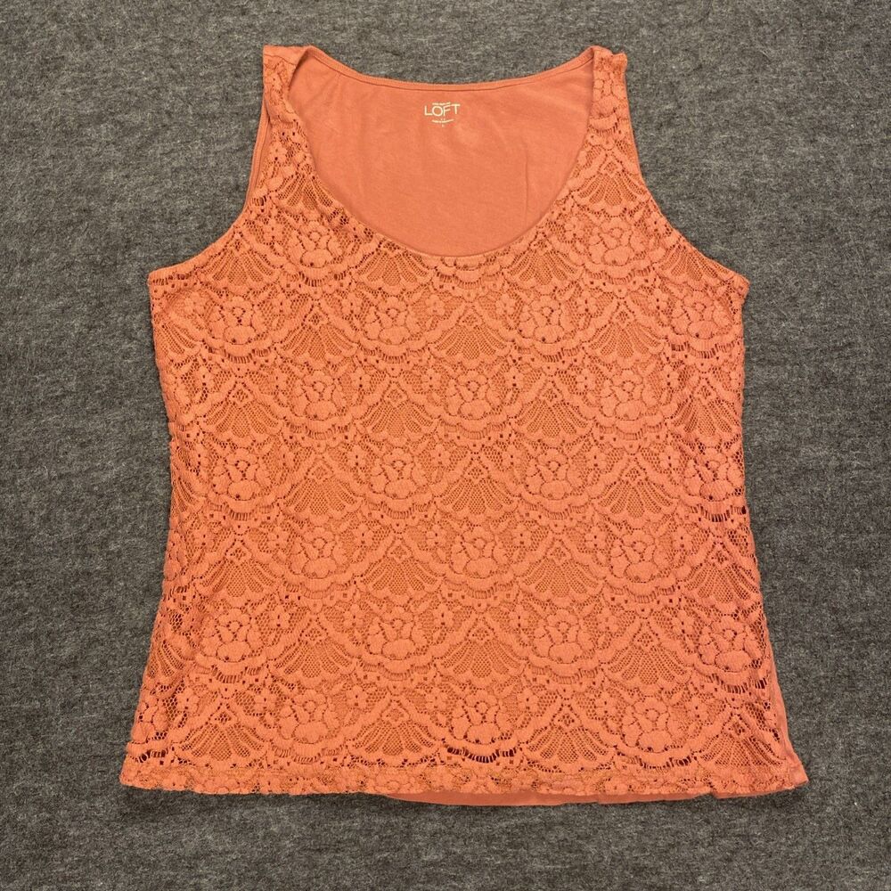 Loft Women’s Floral Lace Sleeveless Double Layer Pink Salmon Tank Top size Large